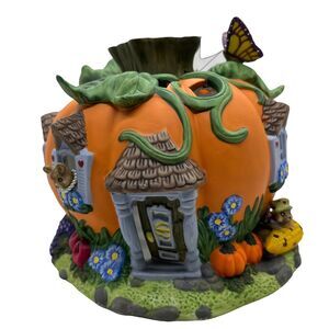 Partylite Harvest Pumpkin House Tealite Candle Holder w/ Mice Butterfly Open Box